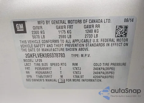 2014 GMC Terrain Sle-1 z USA, uszkodzony, nr VIN 2GKFLVEK0E6378783